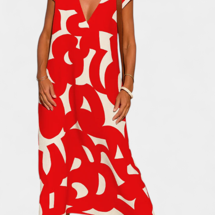 Asela Vestido Casual con Escote en V y Estampado Mixi