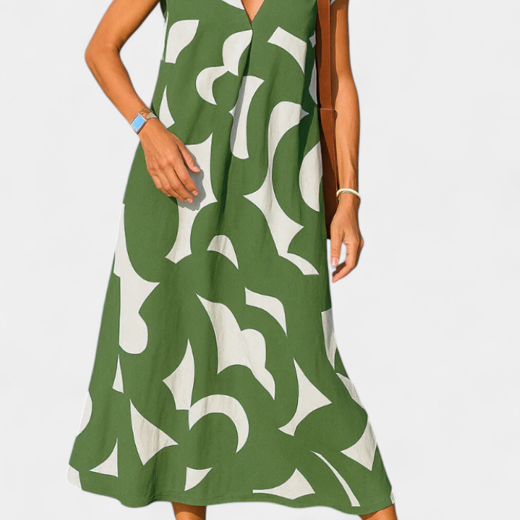 Asela Vestido Casual con Escote en V y Estampado Mixi