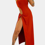 Teuta Vestido Sin Tirantes con Lazo Lateral y Abertura Alta