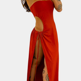 Teuta Vestido Sin Tirantes con Lazo Lateral y Abertura Alta