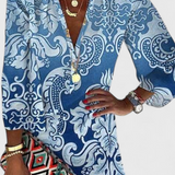 Rufina Vestido Mini Azul con Escote en V y Manga Larga