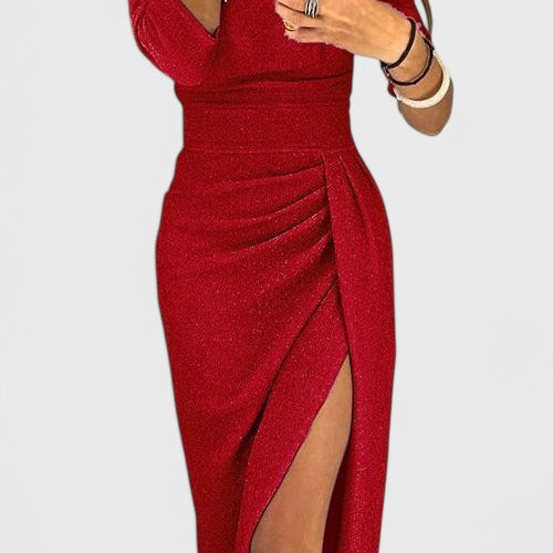 Alexa Vestido Maxi con Hombros Descubiertos y Abertura Sutil