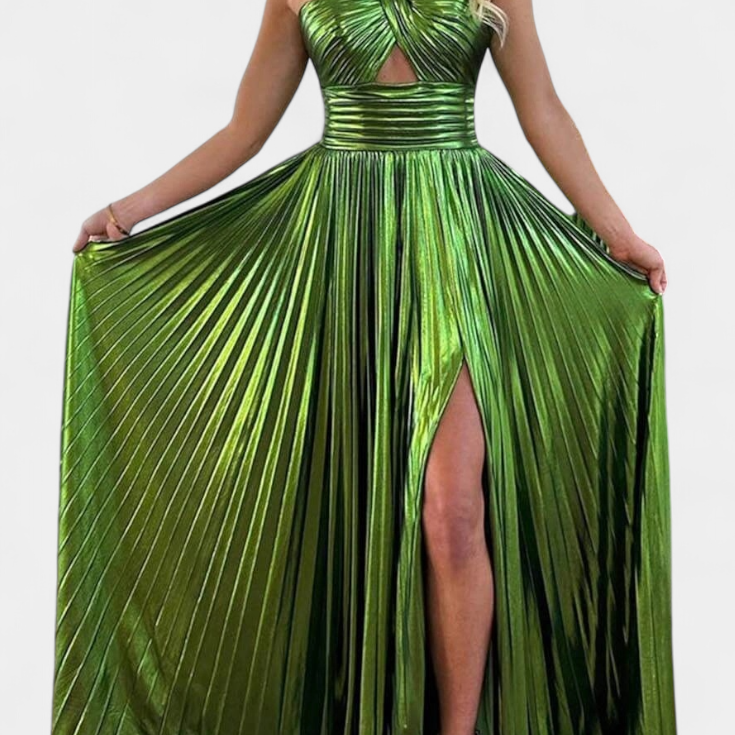 Aikaterini Vestido Maxi Metálico con Cuello Cruzado y Abertura