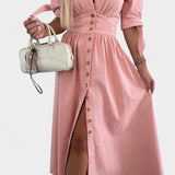 Adelina Vestido Midi de Denim con Botones y Escote en V