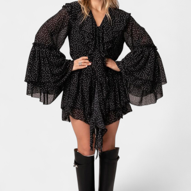 Alida Vestido Mini de Chifón con Lunares y Escote con Volantes