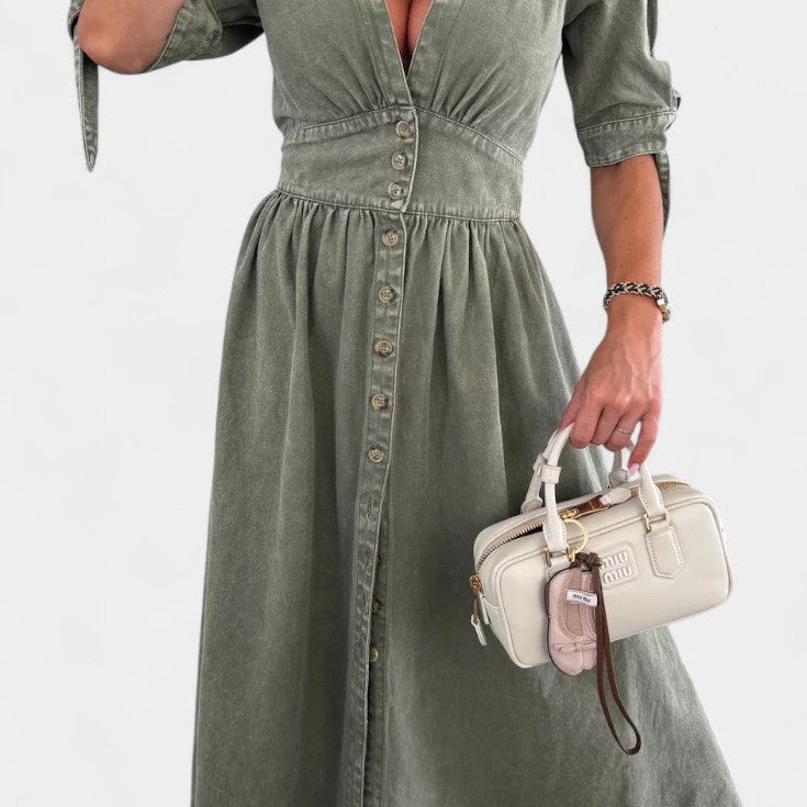 Adelina Vestido Midi de Denim con Botones y Escote en V