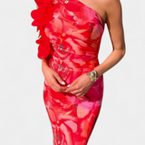 Maëlle Vestido Midi con Detalle Floral de Un Hombro