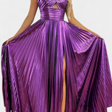 Aikaterini Vestido Maxi Metálico con Cuello Cruzado y Abertura