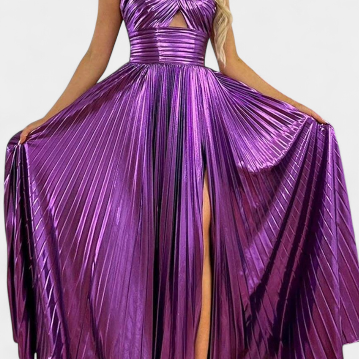 Aikaterini Vestido Maxi Metálico con Cuello Cruzado y Abertura