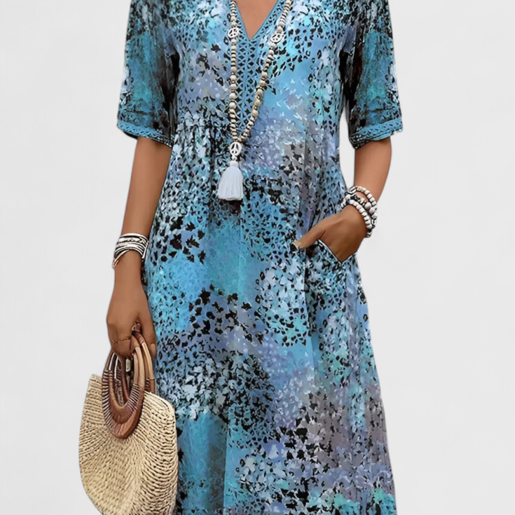 Perla Vestido Boho con Estampado Floral y Detalles en Crochet