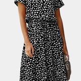 Rovena Vestido Midi de Lunares con Cuello Camisero y Cintura Ajustable