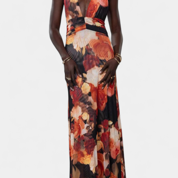 Melodía Vestido Maxi de Lunares con Escote Halter y Cintura Fruncida