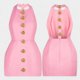 Yvonne Vestido Mini Escote Halter con Espalda Abierta y Detalle Floral