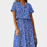 Rovena Vestido Midi de Lunares con Cuello Camisero y Cintura Ajustable