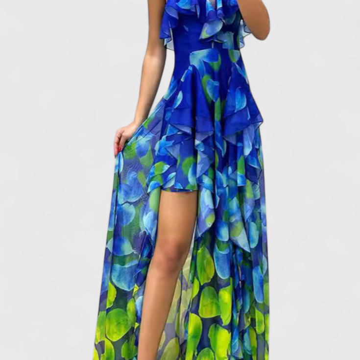 Andy Vestido Maxi Sin Mangas con Capas de Volantes y Abertura Gradiente