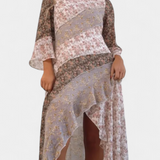 Ruth Vestido Largo Floral con Mangas 3/4 y Paneles Volantes