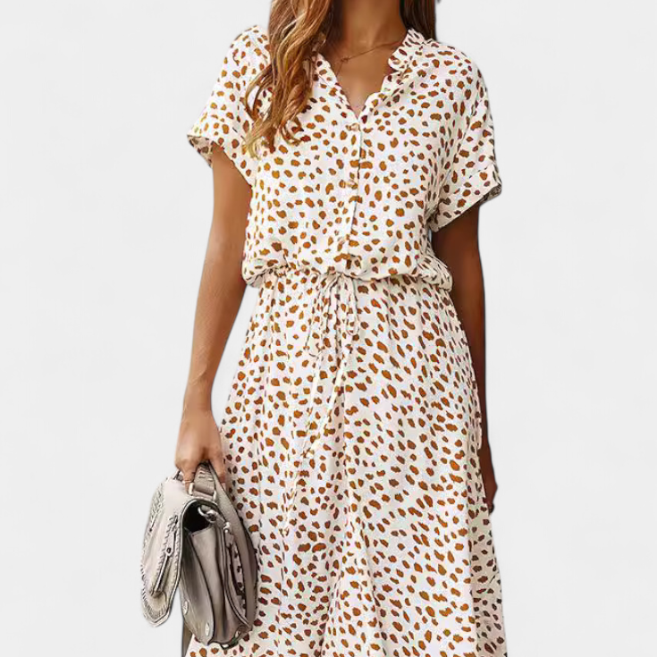 Rovena Vestido Midi de Lunares con Cuello Camisero y Cintura Ajustable