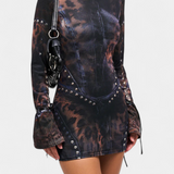 Tabea Vestido Mini con Manga Acampanada y Estampado de Ilusión