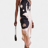 Rosenda Vestido con Espalda Abierta y Estampado Abstracto