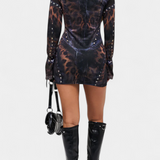 Tabea Vestido Mini con Manga Acampanada y Estampado de Ilusión