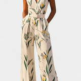 Slara Mono Largo de Vacaciones con Escote en V y Cinturón Ajustable