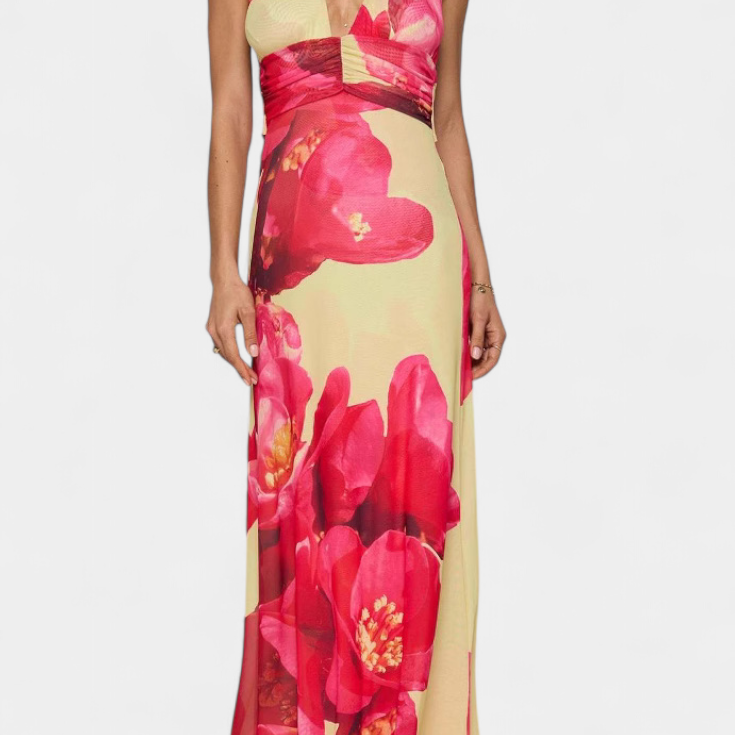 Melodía Vestido Maxi de Lunares con Escote Halter y Cintura Fruncida