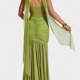 Therese Vestido Largo de Milk Silk con Escote Profundo y Fruncido Esculpido