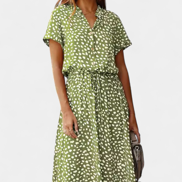 Rovena Vestido Midi de Lunares con Cuello Camisero y Cintura Ajustable