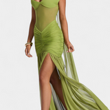 Therese Vestido Largo de Milk Silk con Escote Profundo y Fruncido Esculpido