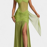 Therese Vestido Largo de Milk Silk con Escote Profundo y Fruncido Esculpido