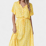 Rovena Vestido Midi de Lunares con Cuello Camisero y Cintura Ajustable