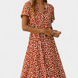 Rovena Vestido Midi de Lunares con Cuello Camisero y Cintura Ajustable